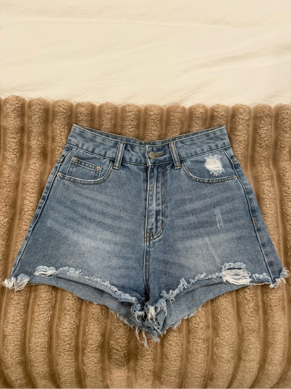 SHEIN Light Blue High-Rise Distressed Denim Shorts